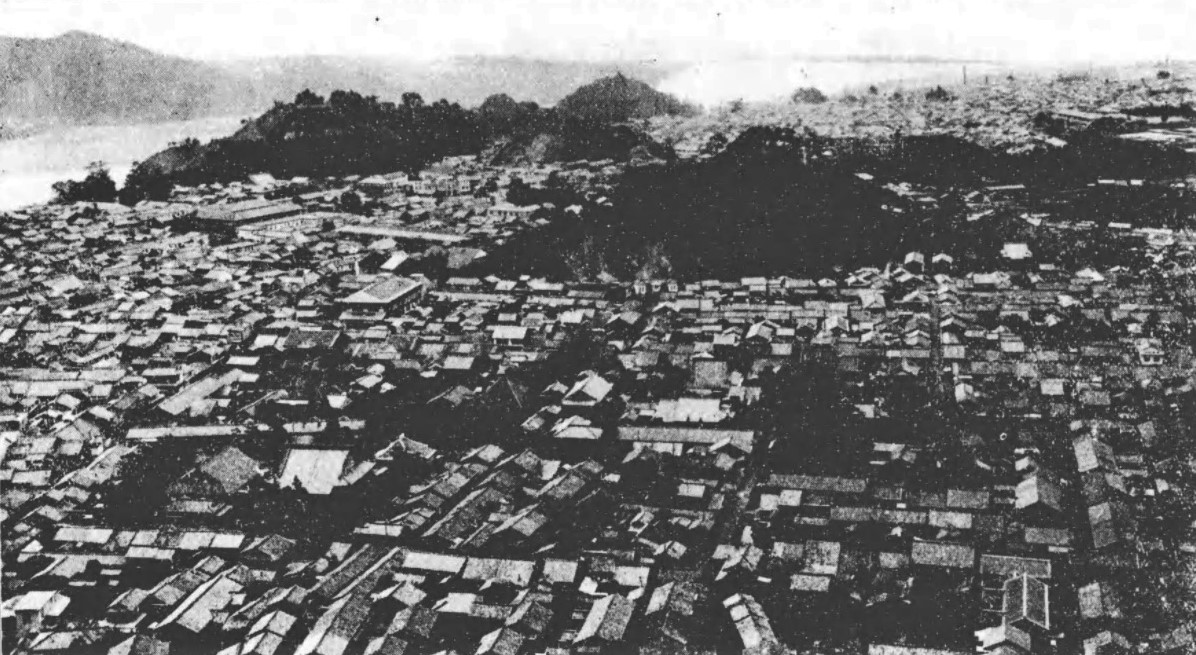 昭和初期の新宮町全景（『新宮町水道概要』新宮町 編集・発行、1933　国立国会図書館デジタルコレクション）の画像。 
